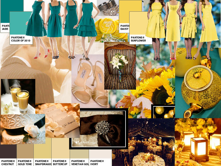 Teal Yellow Brown Ivory PANTONE WEDDING Styleboard The Dessy Group
