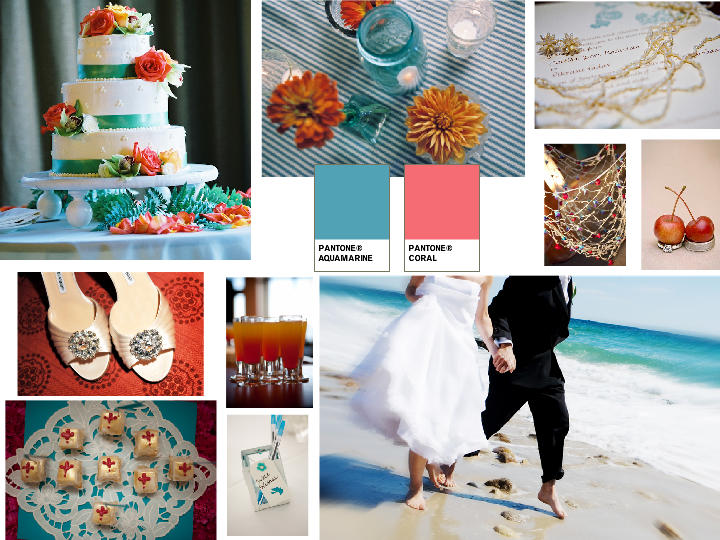 AQUA & CORAL BEACH : PANTONE WEDDING Styleboard | The Dessy Group