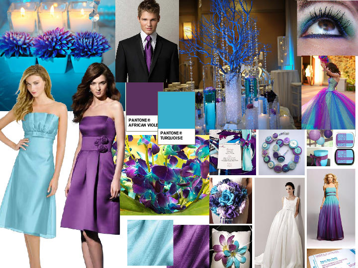 African Violet and Turquoise : PANTONE WEDDING Styleboard | The Dessy Group