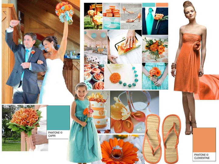 naranja turquesa : PANTONE WEDDING Styleboard | The Dessy Group